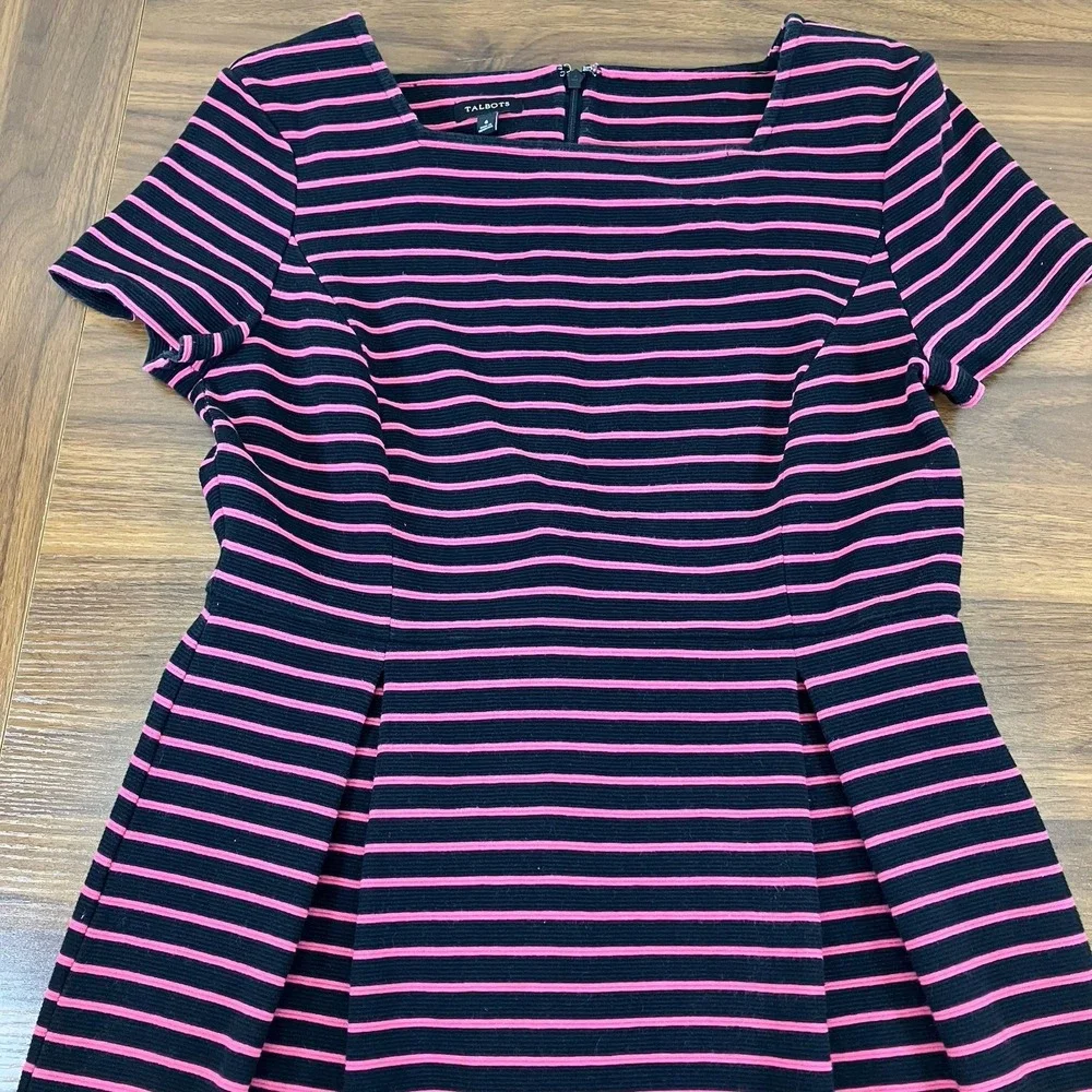 Talbots Womens Black & Pink Striped Short Sleeve Fit & Flare Knee Length Dress 6
